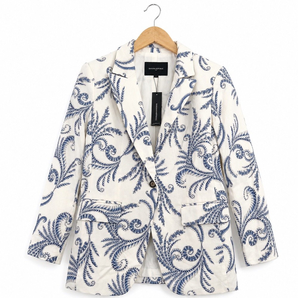 Banana Republic Women Blue White Paisley Linen Blend Blazer 4 Petite 582006-01-1
